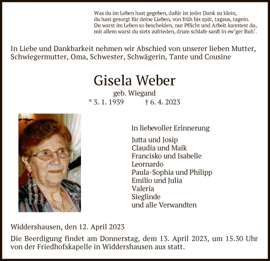 Traueranzeige von Gisela Weber von HZ