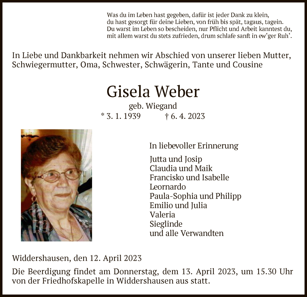  Traueranzeige für Gisela Weber vom 12.04.2023 aus HZ