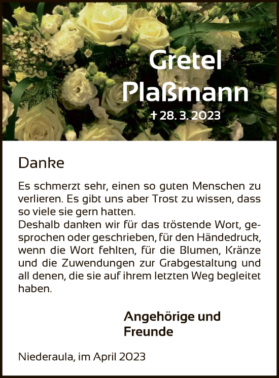 Traueranzeige von Gretel Plaßmann von HZ