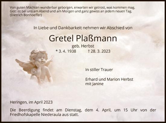 Traueranzeige von Gretel Plaßmann von HZ