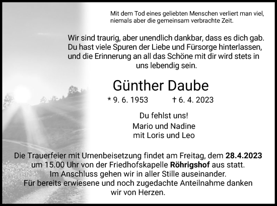 Traueranzeige von Günther Daube von HZ