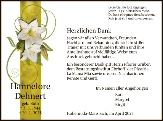 Traueranzeige von Hannelore Dehnert von HZ