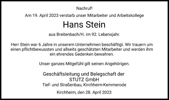 Traueranzeige von Hans Stein von HZ