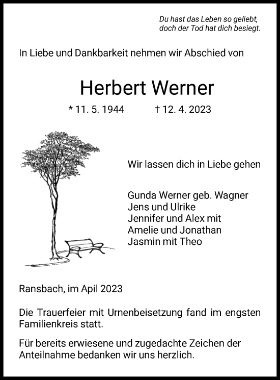 Traueranzeige von Herbert Werner von HZ