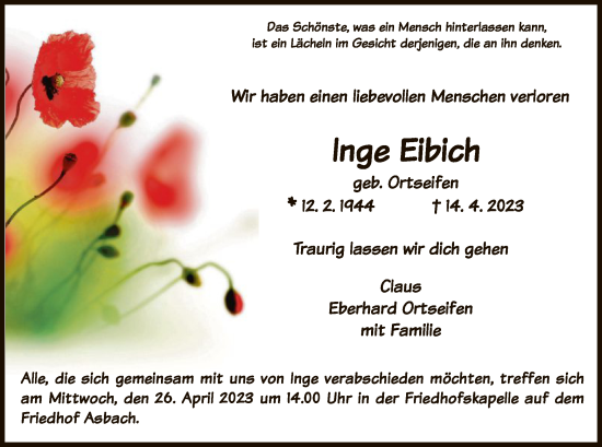 Traueranzeige von Inge Eibeich von HZ