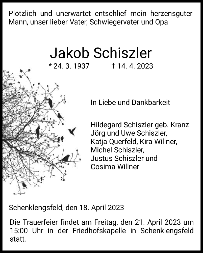  Traueranzeige für Jakob Schiszler vom 18.04.2023 aus HZ