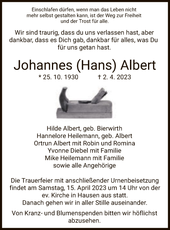 Traueranzeige von Johannes Albert von HZ