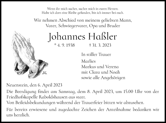 Traueranzeige von Johannes Haßler von HZ