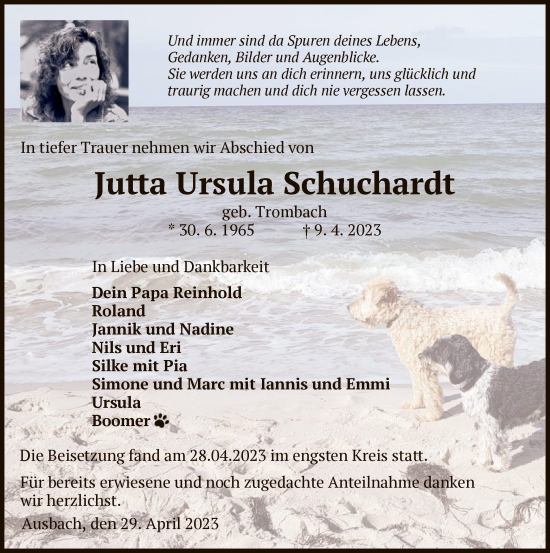 Traueranzeige von Jutta Ursula Schuchardt von HZ