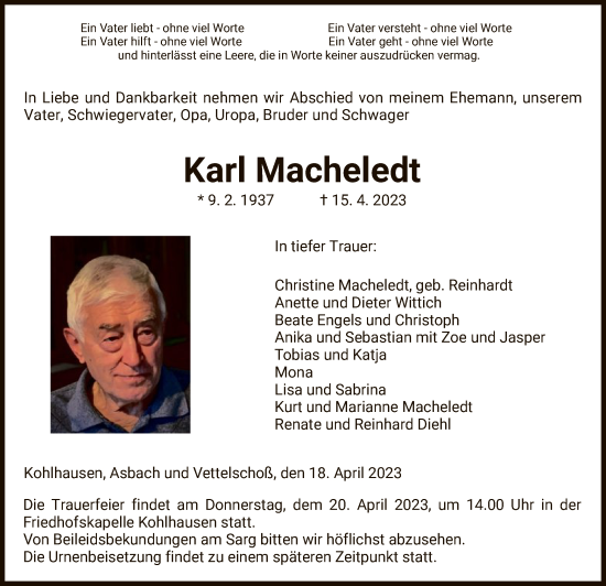 Traueranzeige von Karl Macheledt von HZ