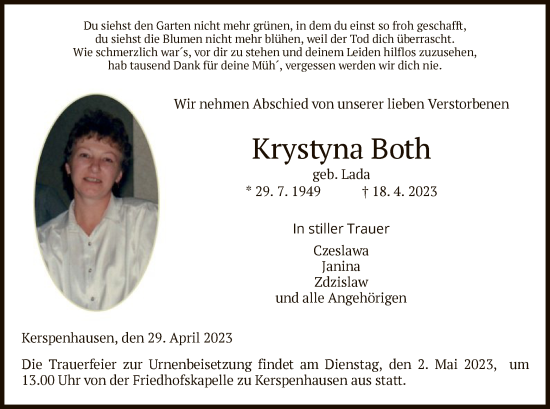 Traueranzeige von Krystyna Both von HZ