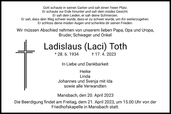 Traueranzeige von Ladislaus Toth von HZ