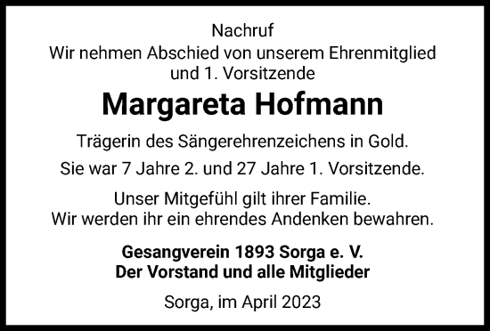 Traueranzeige von Margareta Hofmann von HZ