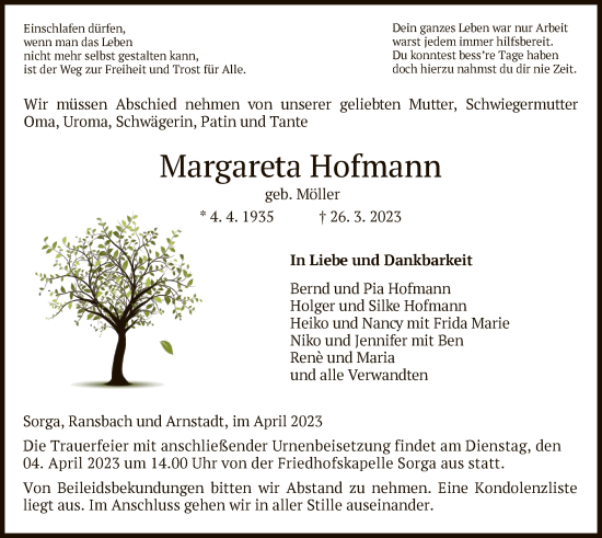 Traueranzeige von Margareta Hofmann von HZ