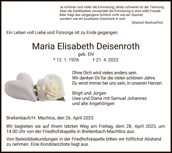 Traueranzeige von Maria Elisabeth Deisenroth von HZ