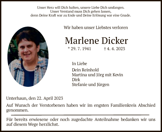 Traueranzeige von Marlene Dicker von HZ