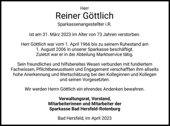 Traueranzeige von Reiner Göttlich von HZ
