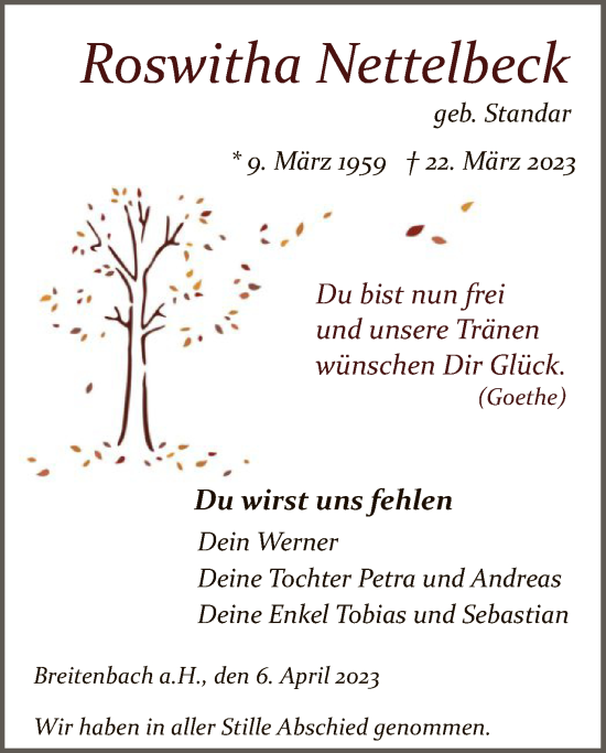 Traueranzeige von Roswitha Nettelbeck von HZ