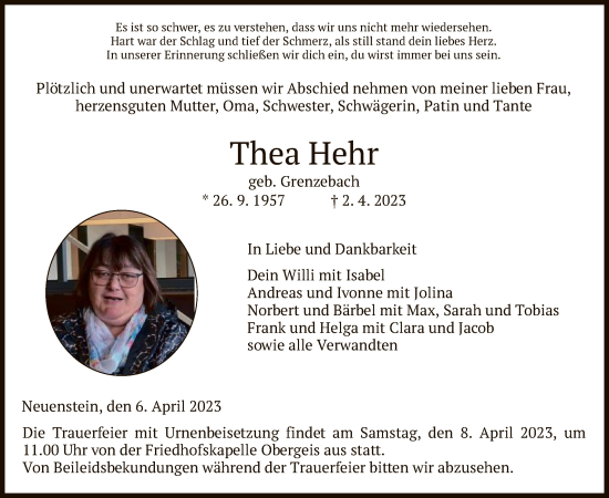 Traueranzeige von Thea Hehr von HZ