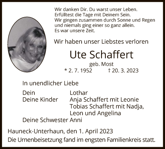 Traueranzeige von Ute Schaffert von HZ