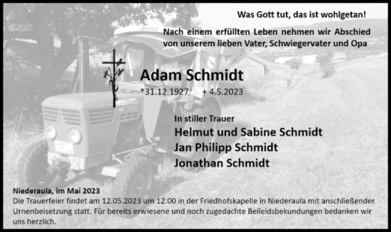 Traueranzeige von Adam Schmidt von HZ