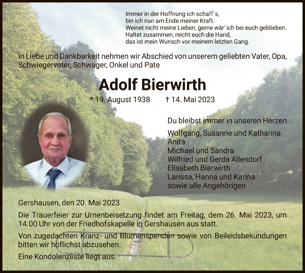  Traueranzeige für Adolf Bierwirth vom 20.05.2023 aus HZ