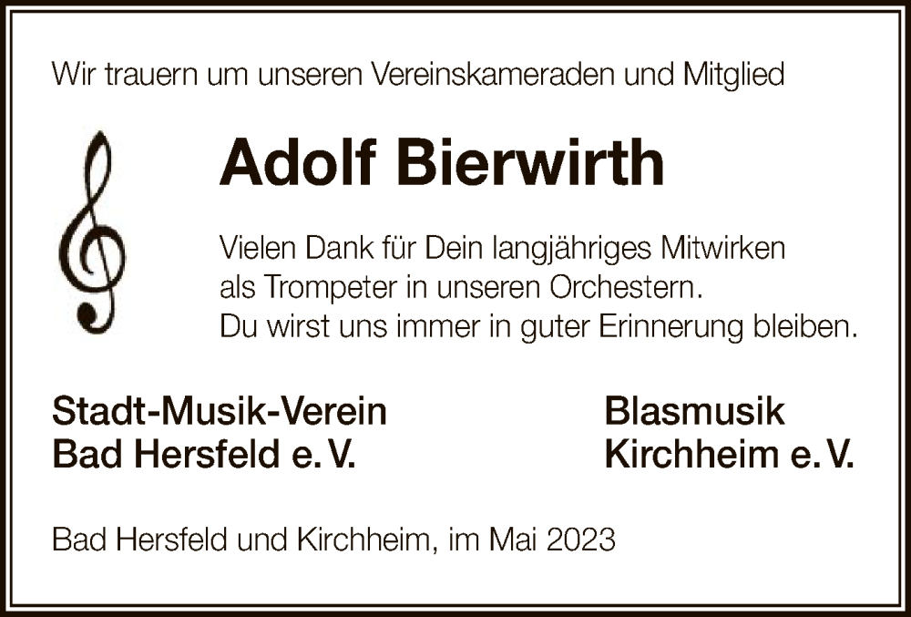  Traueranzeige für Adolf Bierwirth vom 20.05.2023 aus HZ