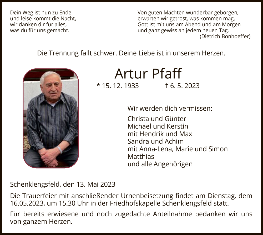  Traueranzeige für Artur Pfaff vom 13.05.2023 aus HZ