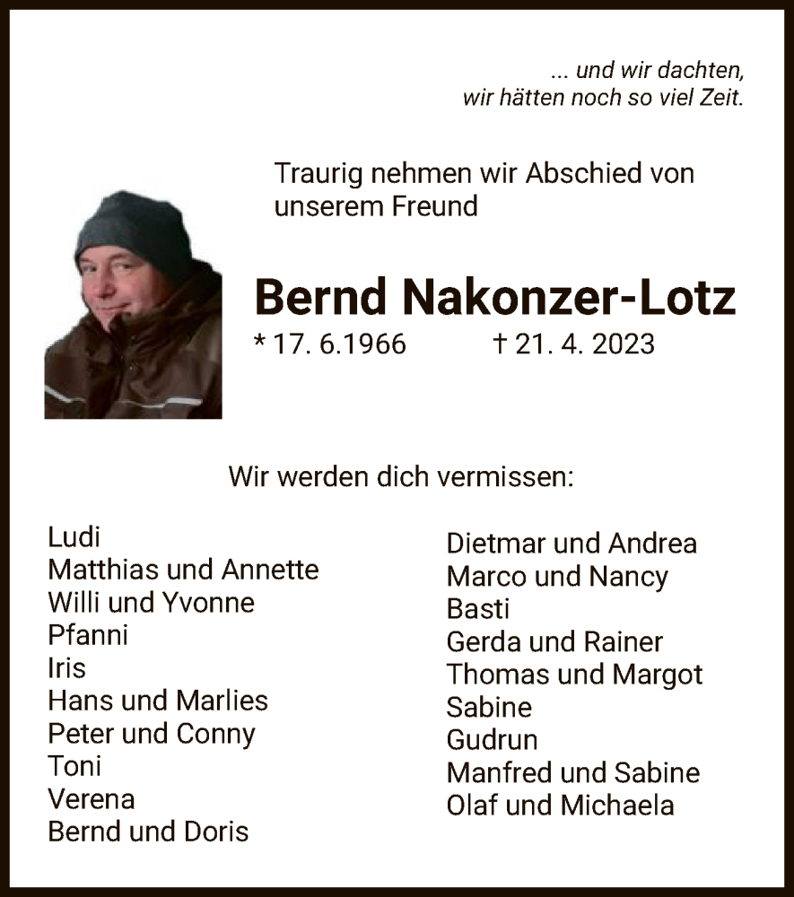  Traueranzeige für Bernd Nakonzer-Lotz vom 27.05.2023 aus HZ