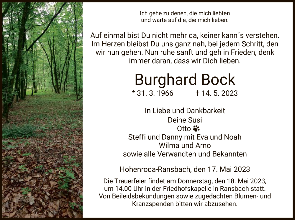  Traueranzeige für Burghard Bock vom 17.05.2023 aus HZ