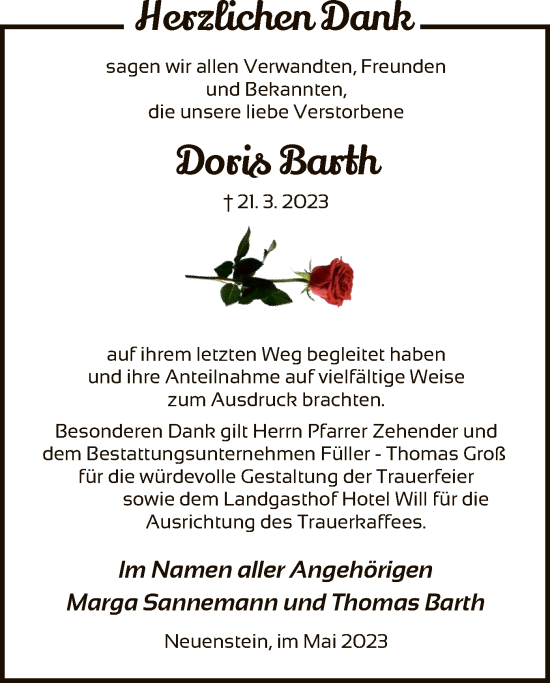 Traueranzeige von Doris Barth von HZ