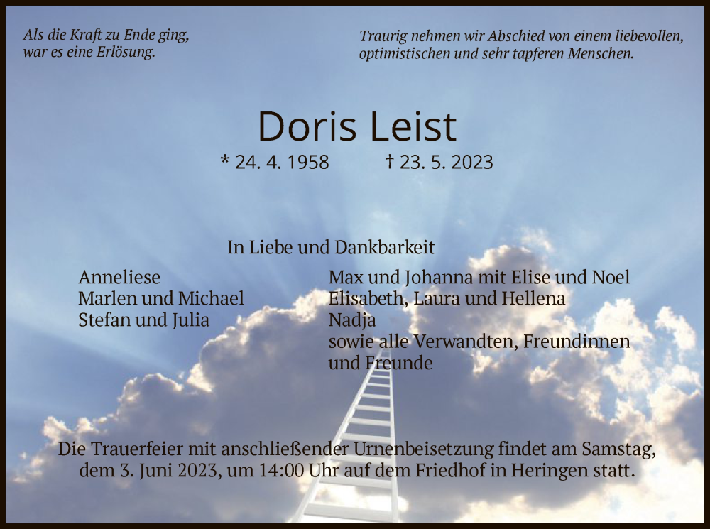 Traueranzeige für Doris Leist vom 27.05.2023 aus HZ