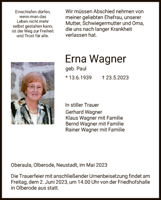 Traueranzeige von Erna Wagner von HNA