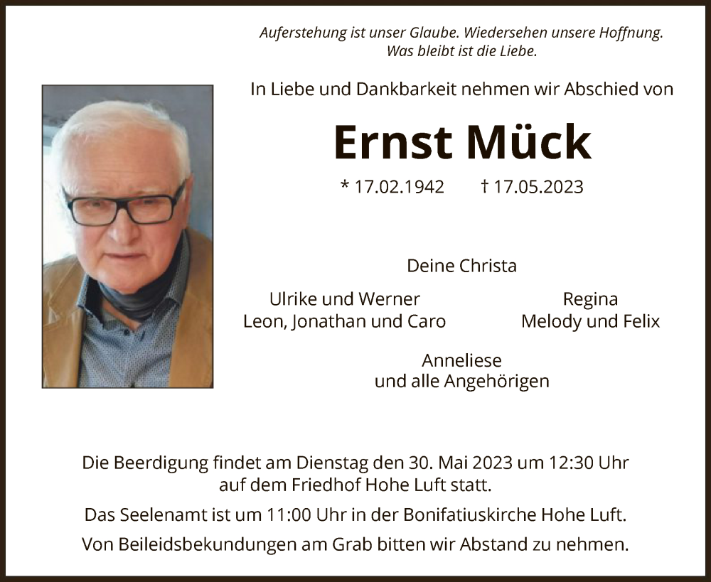  Traueranzeige für Ernst Mück vom 26.05.2023 aus HZ
