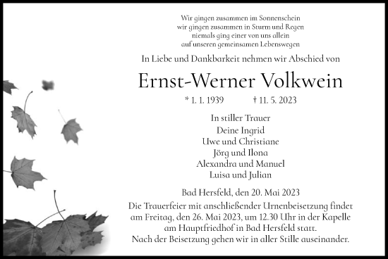 Traueranzeige von Ernst-Werner Volkwein von HZ