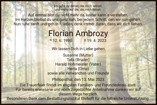 Traueranzeige von Florian Ambrozy von HZ