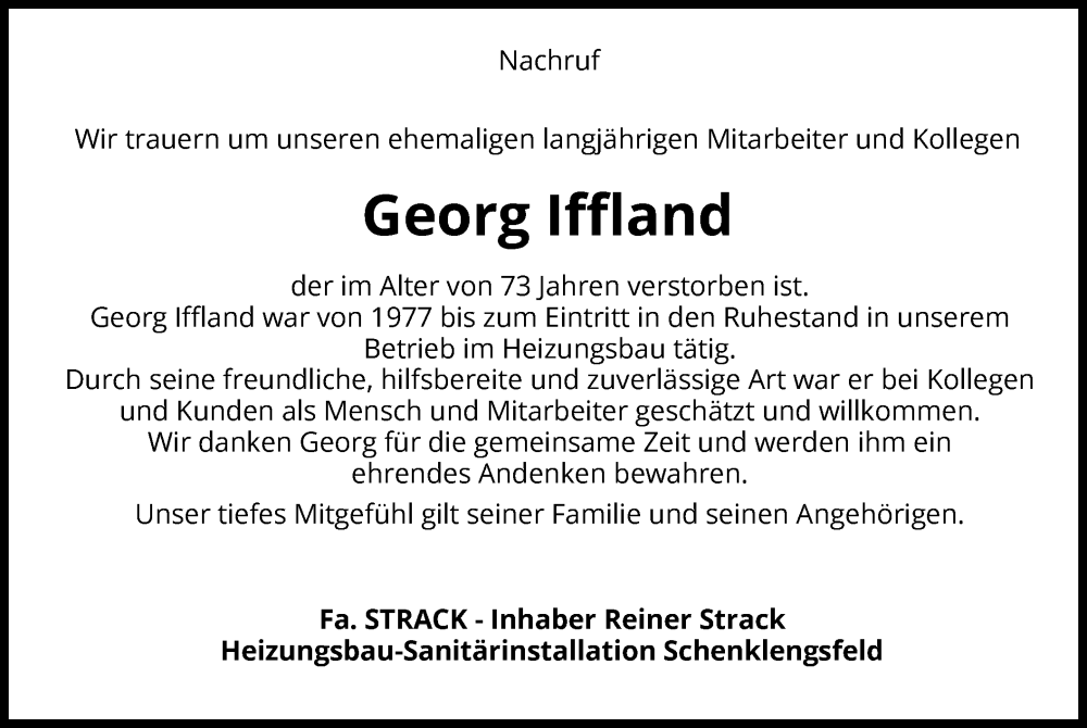  Traueranzeige für Georg Iffland vom 24.05.2023 aus HZ