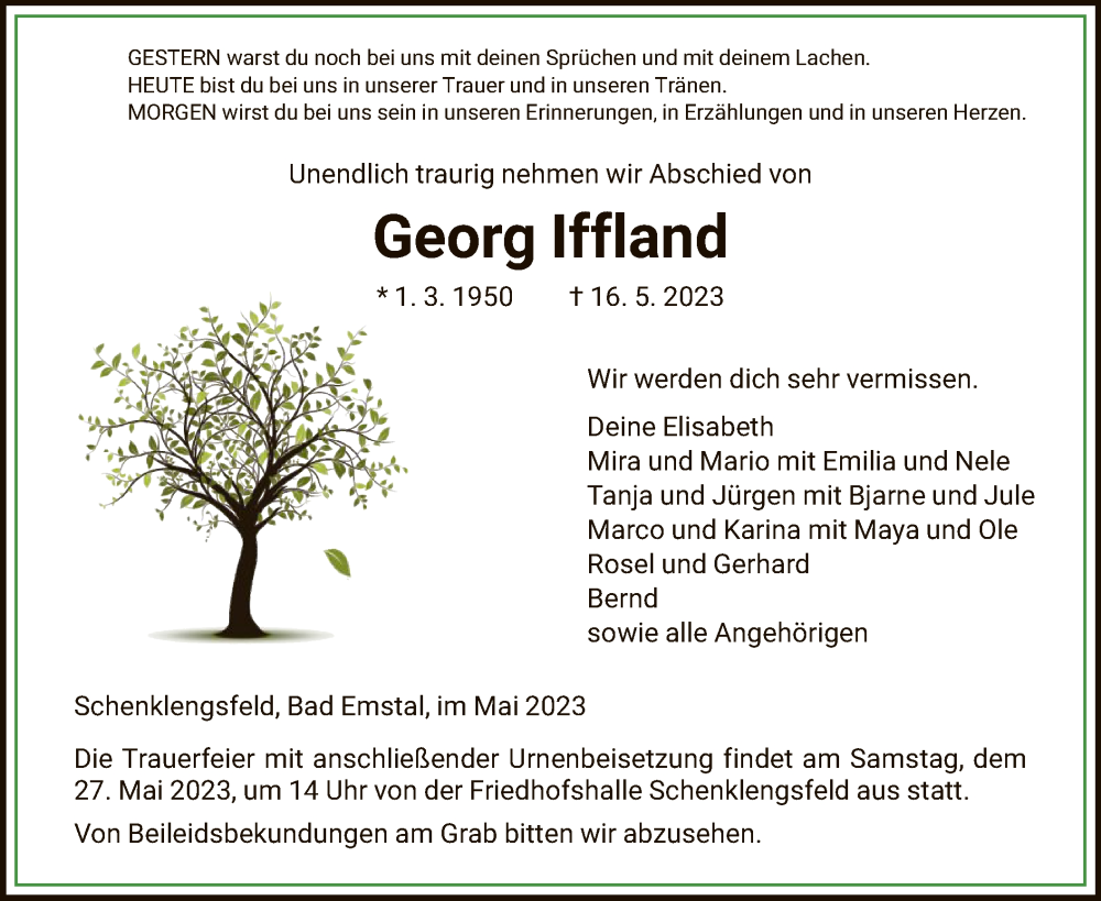  Traueranzeige für Georg Iffland vom 24.05.2023 aus HZ