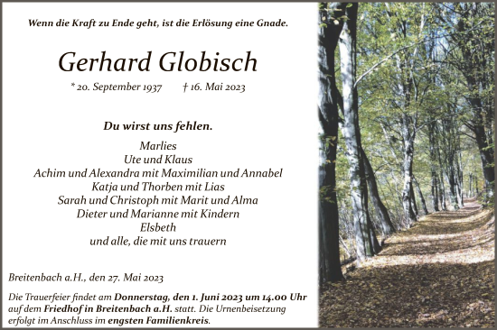 Traueranzeige von Gerhard Globisch von HZ