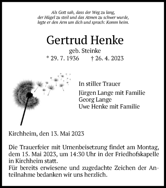 Traueranzeige von Gertrud Henke von HZ