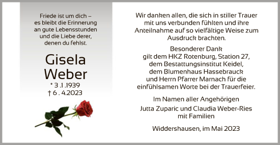 Traueranzeige von Gisela Weber von HZ