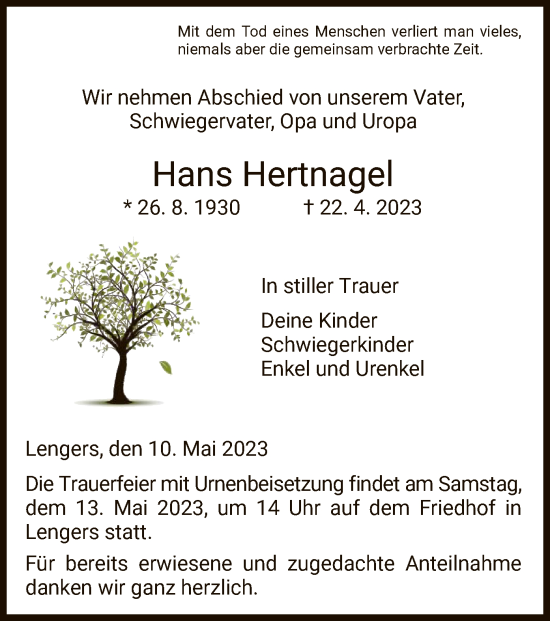 Traueranzeige von Hans Hertnagel von HZ