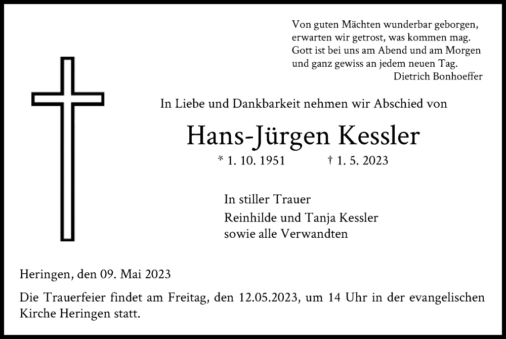  Traueranzeige für Hans-Jürgen Kessler vom 09.05.2023 aus HZ