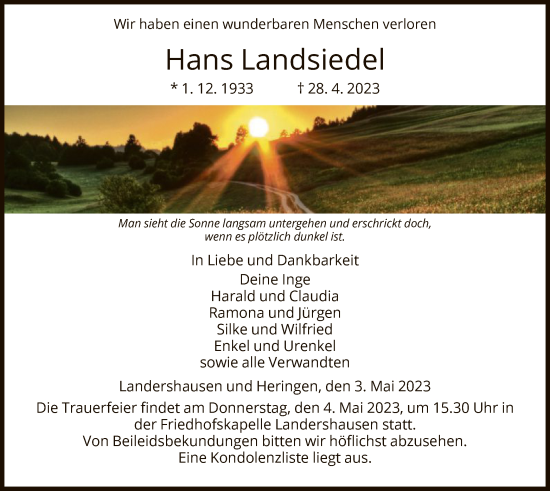 Traueranzeige von Hans Landsiedel von HZ