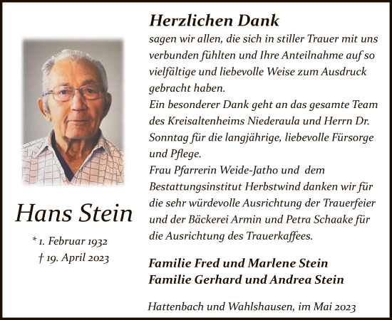 Traueranzeige von Hans Stein von HZ