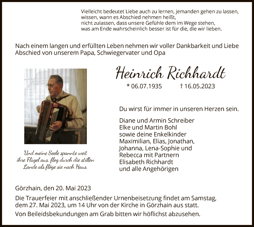  Traueranzeige für Heinrich Richhardt vom 20.05.2023 aus HNA