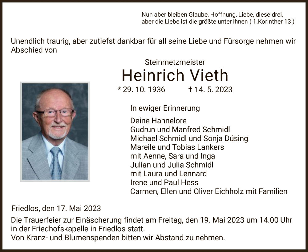  Traueranzeige für Heinrich Vieth vom 17.05.2023 aus HZ
