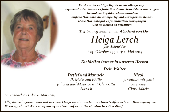 Traueranzeige von Helga Lerch von HZ