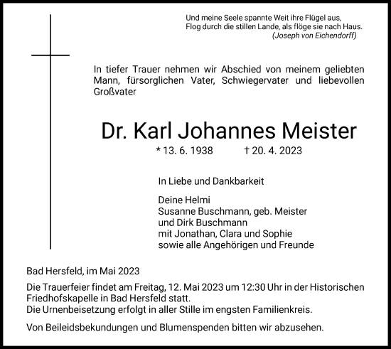 Traueranzeige von Karl Johannes Meister von HZ