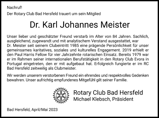 Traueranzeige von Karl Johannes Meister von HZ